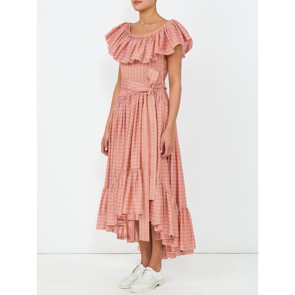 LHD Jungle Island Midi Dress Women's Size 4 Pink Orange Plaid Ruffle Dress - Picture 1 of 9
